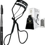 Beauty Power Eyelash Curler - Precision Lash Lift in Seconds with 5 Replacement Pads, Eyebrow Brush & Satin Travel Bag - Gentle & Safe, Stainless Steel for Perfect Extra Curls - Gift Idea (Extra Curl)