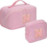 Mothers Day Gifts for Mom - Travel Makeup Bag for Women, 2Pcs Portable Personalized Initial Makeup Organizer Bag, Open Flat Large Cosmetic Bag With Travel Essential Pouch (Pink Letter D) - Image 14