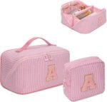 Mothers Day Gifts for Mom - Travel Makeup Bag for Women, 2Pcs Portable Personalized Initial Makeup Organizer Bag, Open Flat Large Cosmetic Bag With Travel Essential Pouch (Pink Letter D) - Image 28