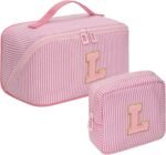 Mothers Day Gifts for Mom - Travel Makeup Bag for Women, 2Pcs Portable Personalized Initial Makeup Organizer Bag, Open Flat Large Cosmetic Bag With Travel Essential Pouch (Pink Letter D) - Image 16