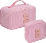 Mothers Day Gifts for Mom - Travel Makeup Bag for Women, 2Pcs Portable Personalized Initial Makeup Organizer Bag, Open Flat Large Cosmetic Bag With Travel Essential Pouch (Pink Letter D) - Image 25