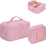 Mothers Day Gifts for Mom - Travel Makeup Bag for Women, 2Pcs Portable Personalized Initial Makeup Organizer Bag, Open Flat Large Cosmetic Bag With Travel Essential Pouch (Pink Letter D) - Image 19