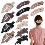 12 Pack Flat Hair Clips Set for Women –Matte Neutral Claw Clips, Flat Barrettes & Flower Hair Pins in Black, Blonde,Light Brown & Dark Brown, Strong Hold Styling Accessories for Thick & Thin Hair