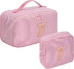Mothers Day Gifts for Mom - Travel Makeup Bag for Women, 2Pcs Portable Personalized Initial Makeup Organizer Bag, Open Flat Large Cosmetic Bag With Travel Essential Pouch (Pink Letter D) - Image 22