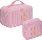 Mothers Day Gifts for Mom - Travel Makeup Bag for Women, 2Pcs Portable Personalized Initial Makeup Organizer Bag, Open Flat Large Cosmetic Bag With Travel Essential Pouch (Pink Letter D) - Image 20