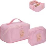 Mothers Day Gifts for Mom - Travel Makeup Bag for Women, 2Pcs Portable Personalized Initial Makeup Organizer Bag, Open Flat Large Cosmetic Bag With Travel Essential Pouch (Pink Letter D) - Image 11