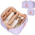 Mothers Day Gifts for Mom - Travel Makeup Bag for Women, 2Pcs Portable Personalized Initial Makeup Organizer Bag, Open Flat Large Cosmetic Bag With Travel Essential Pouch (Pink Letter D)