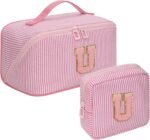 Mothers Day Gifts for Mom - Travel Makeup Bag for Women, 2Pcs Portable Personalized Initial Makeup Organizer Bag, Open Flat Large Cosmetic Bag With Travel Essential Pouch (Pink Letter D) - Image 9
