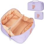 Mothers Day Gifts for Mom - Travel Makeup Bag for Women, 2Pcs Portable Personalized Initial Makeup Organizer Bag, Open Flat Large Cosmetic Bag With Travel Essential Pouch (Pink Letter D) - Image 48