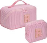 Mothers Day Gifts for Mom - Travel Makeup Bag for Women, 2Pcs Portable Personalized Initial Makeup Organizer Bag, Open Flat Large Cosmetic Bag With Travel Essential Pouch (Pink Letter D) - Image 10