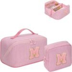 Mothers Day Gifts for Mom - Travel Makeup Bag for Women, 2Pcs Portable Personalized Initial Makeup Organizer Bag, Open Flat Large Cosmetic Bag With Travel Essential Pouch (Pink Letter D) - Image 17