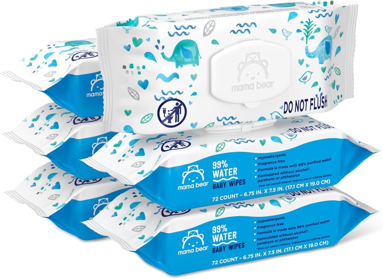 71xt0xLpGLL._AC_SL1500_.jpg Brand - Mama Bear 99% Water Baby Wipes, Hypoallergenic, Fragrance Free,72 Count (Pack of 6) - Image 1