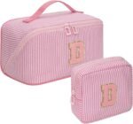 Mothers Day Gifts for Mom - Travel Makeup Bag for Women, 2Pcs Portable Personalized Initial Makeup Organizer Bag, Open Flat Large Cosmetic Bag With Travel Essential Pouch (Pink Letter D) - Image 24