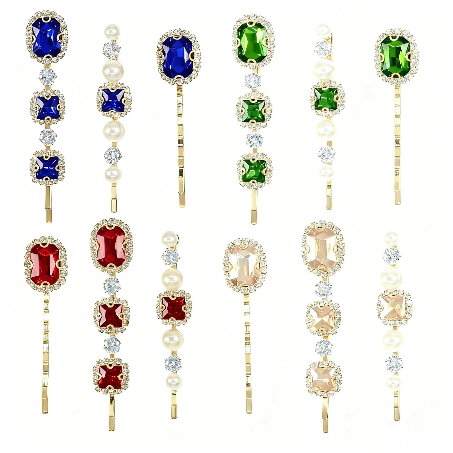 81-gATdijYL._SL1500_.jpg 12 PCS Decorative Bobby Pins for Women's Hair, Rhinestone Bobby Pins, Jeweled Hair Pins Decorative Hair Accessories for Women Girls (Blue, Green, Red and Champagne) - Image 1
