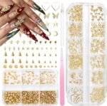 3D Gold Nail Art Spike Metal Studs, Goth Punk Nail Charms, Gold Flatback Pearls Beads Gems Star Cross Rivet Spike Balls Nail Charms Nails Pearls for Nails DIY Crafts Accessories - Image 2
