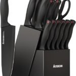 Knife Set, Astercook 15 Pieces Knife Sets for Kitchen with Block, Dishwasher Safe Kitchen Knife Set with Built in Sharpener Block, German Stainless Steel Kitchen Utensils Set