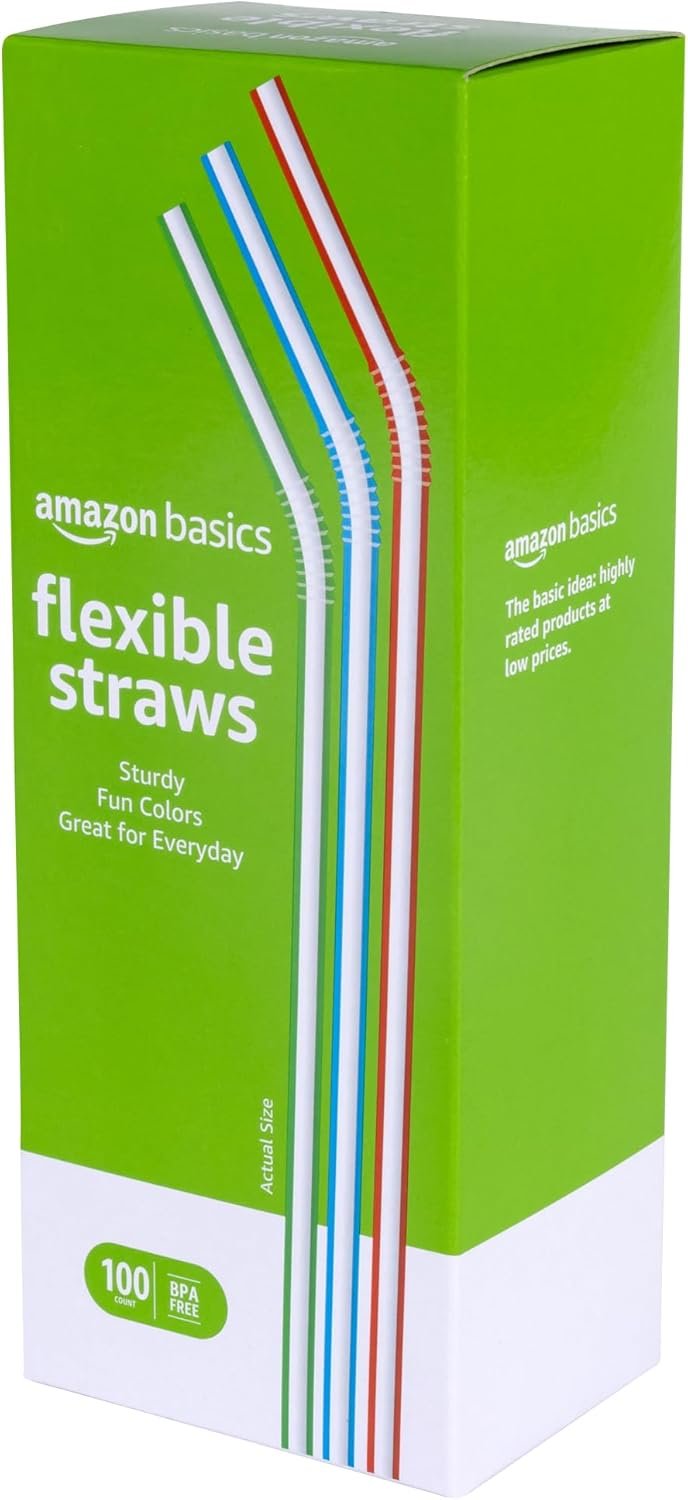 71RkeQUbHgL._AC_SL1500_.jpg Basics Disposable Striped Plastic Flex Straws, BPA Free, Food-Safe, 7.5" Long, Assorted Colors, 100 Count - Image 1