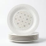 Bone China Salad Plates Set of 6, 8 Inch White Dessert Plates with Embossed Geometric Rim, Small Serving Plates for Salad, Appetizers, Snacks and Sandwiches, Microwave and Dishwasher Safe