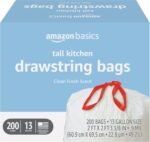 Basics Tall Kitchen Drawstring Trash Bags, Sturdy, 13 Gallon, Unscented, 200 Count