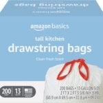 Basics Tall Kitchen Drawstring Trash Bags, Sturdy, 13 Gallon, Unscented, 200 Count