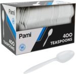 PAMI 400-Pack Medium Weight Disposable Plastic Teaspoons, Bulk Utensils for Parties, Weddings, Catering, Plastic Forks in Bulk Available (Teaspoons White)