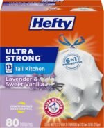 Hefty Ultra Strong 13 Gallon Trash Bags, Tall Kitchen Trash Bags 13 Gallon Size, Drawstring Closure, Continuous Odor Control, White, Lavender and Sweet Vanilla Scent, 80 Bags - Image 5
