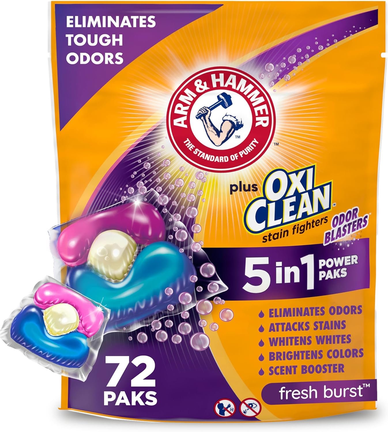 81foaCvXpXL._AC_SL1500_.jpg Arm & Hammer Plus OxiClean With Odor Blasters Laundry Detergent 5-IN-1 Power Paks, 42CT (Packaging may vary) - Image 1